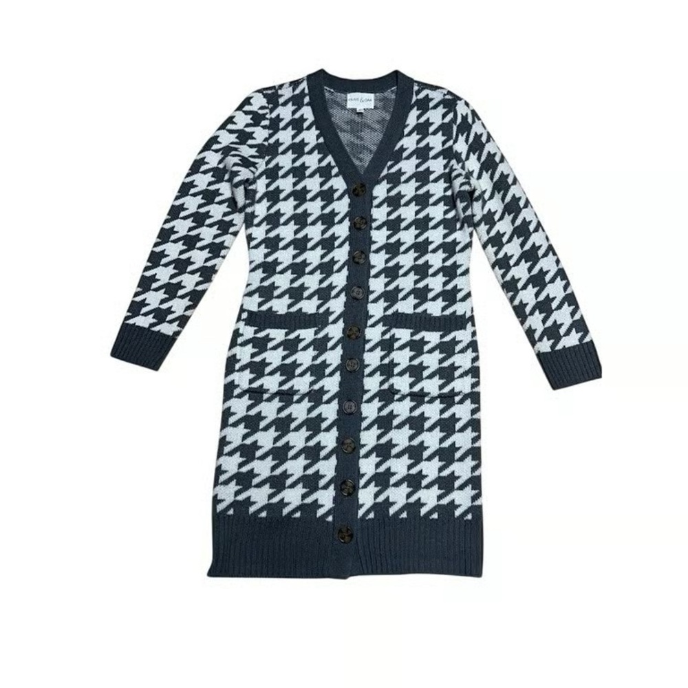 Houndstooth Long Button Cardigan - Black & White